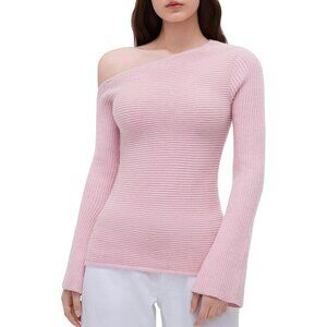 Womens Off Shoulder Fall Sweater Slim Fit Ribbed Knit Long Sleeve Top Trendy